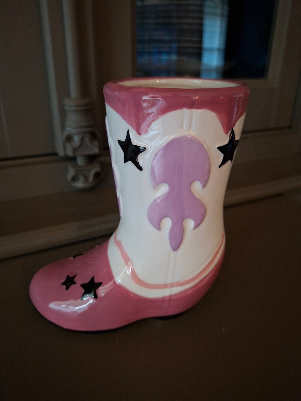 Cowboylaarsje vaasje - Roze en wit keramiek, Met patroon/structuur, Ophalen of Verzenden, Zo goed als nieuw, Roze