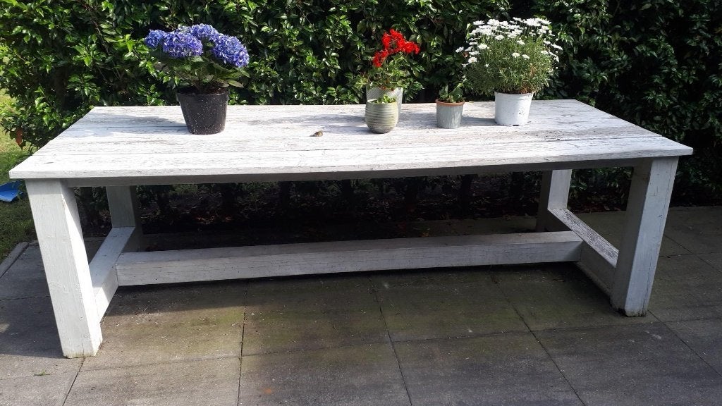 steigerhouten tuintafel wit €150,-, Tuin en Terras, Tuintafels, Ophalen, Zo goed als nieuw, Rechthoekig, Hout