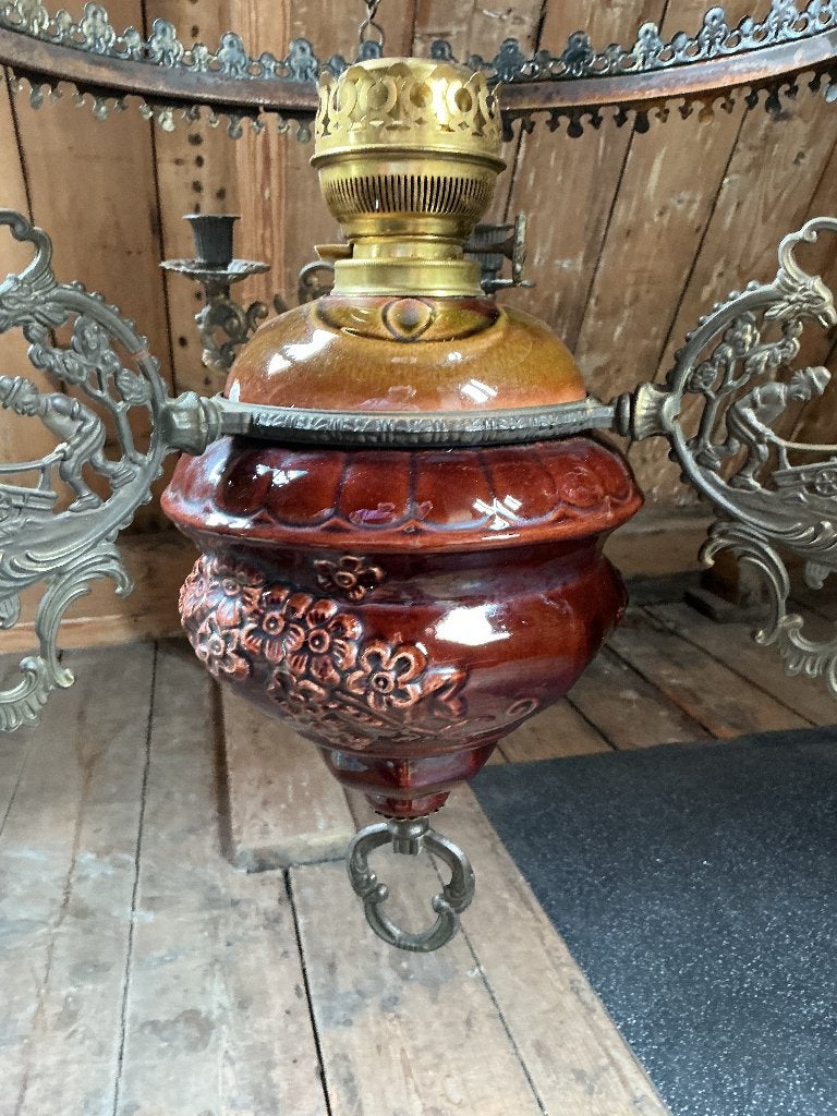 Olielamp met volledig koperen beslag, Antiek en Kunst, Antiek | Koper en Brons, Ophalen of Verzenden, Koper
