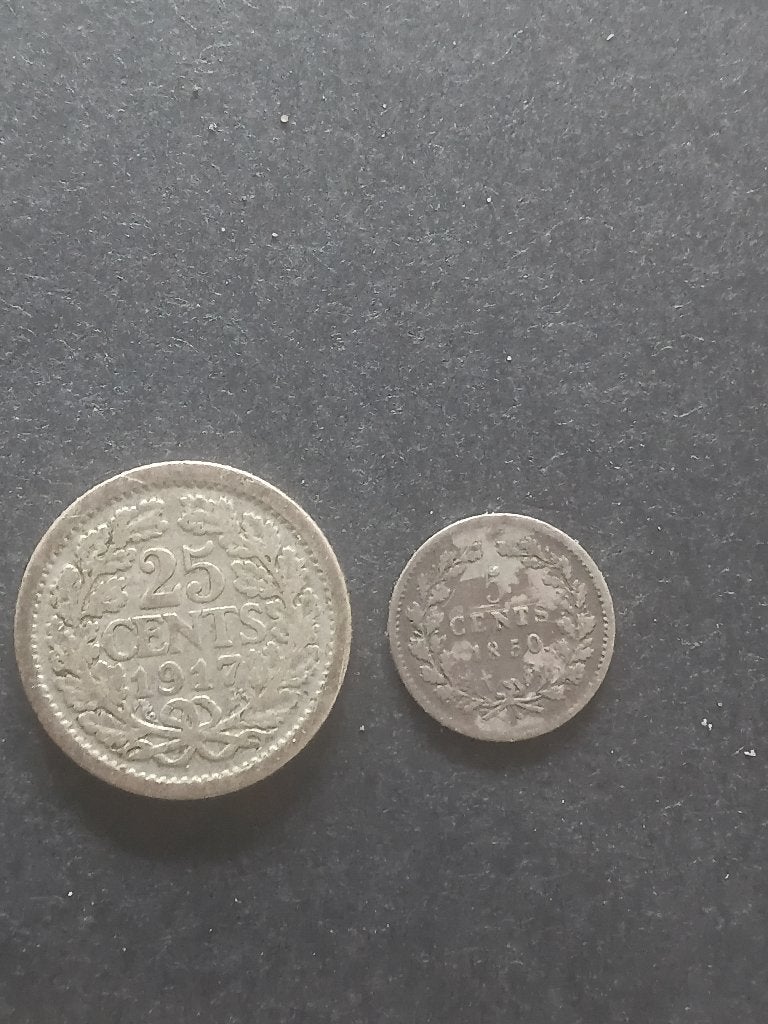 Setje van 2 Nederlandse munten: 25 cent 1917 en 5 cent 1850, Zilver, Overige waardes, Koningin Wilhelmina, Verzenden
