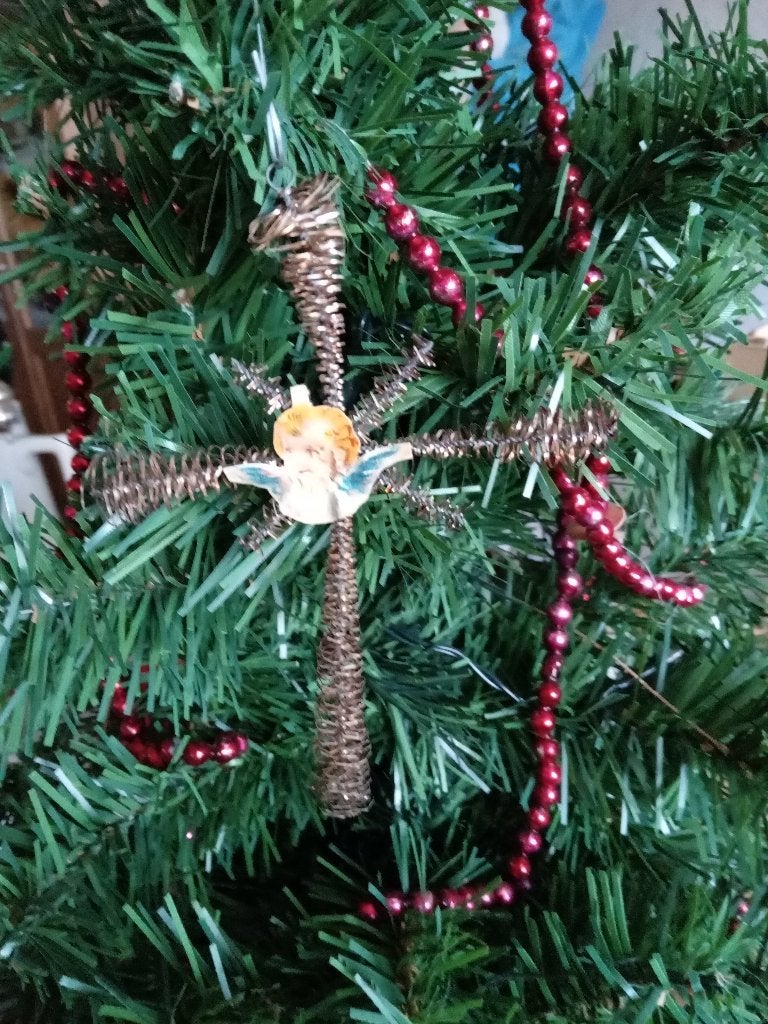antieke kerstbal model handwerk kruisje engel prent, Ophalen of Verzenden, Gebruikt