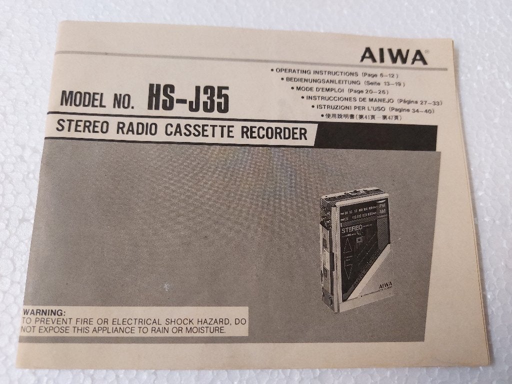 Aiwa GEBRUIKSAANWIJZING cassette recorder  HS-J35 walkman, Audio, Tv en Foto, Walkman, Ophalen of Verzenden, NvT, NvT