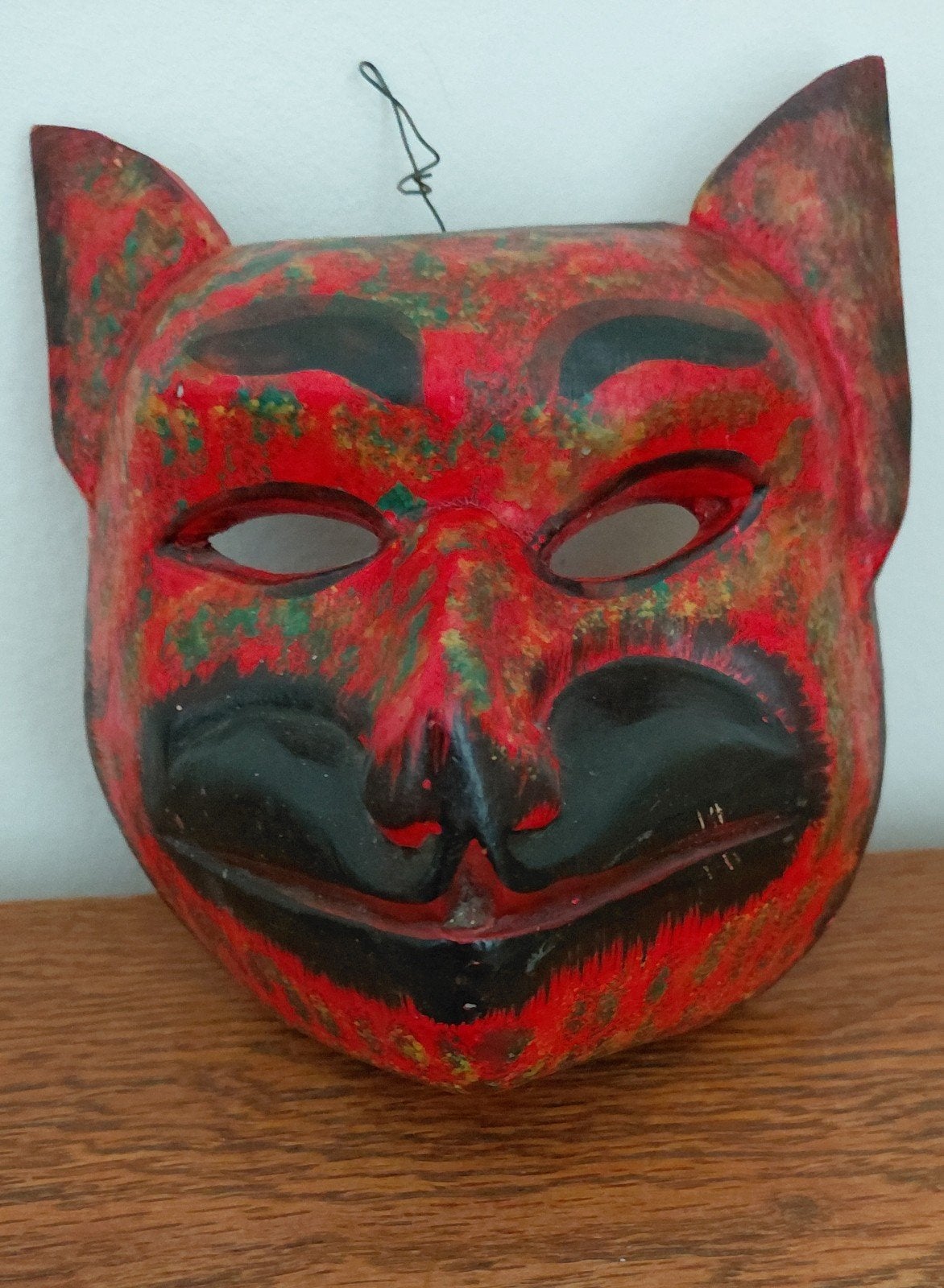 Handgesneden houten masker - Kat/Duivel - Rood/Zwart, Ophalen of Verzenden