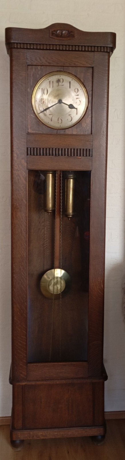 Vintage staande klok - Eikenhout met messing accenten, Ophalen of Verzenden