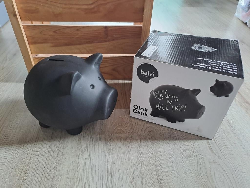 Zwart spaarvarken Balvi Oink Bank 18x20cm, Verzamelen, Spaarpotten, Gebruikt, Dier, Steen, Aardewerk of Keramiek, Ophalen of Verzenden