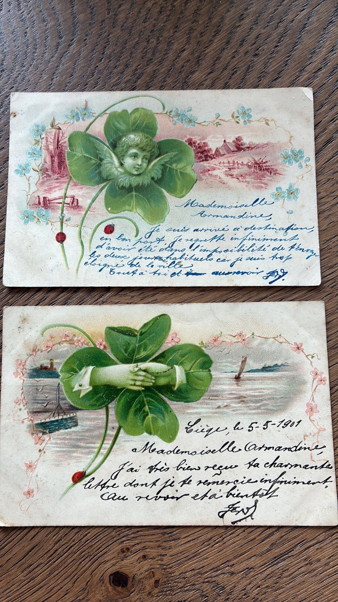 Klaver 4, 2 kaarten 1901. Met engeltje, 2 handen, Ophalen of Verzenden, Voor 1920, Gelopen, Overige thema's