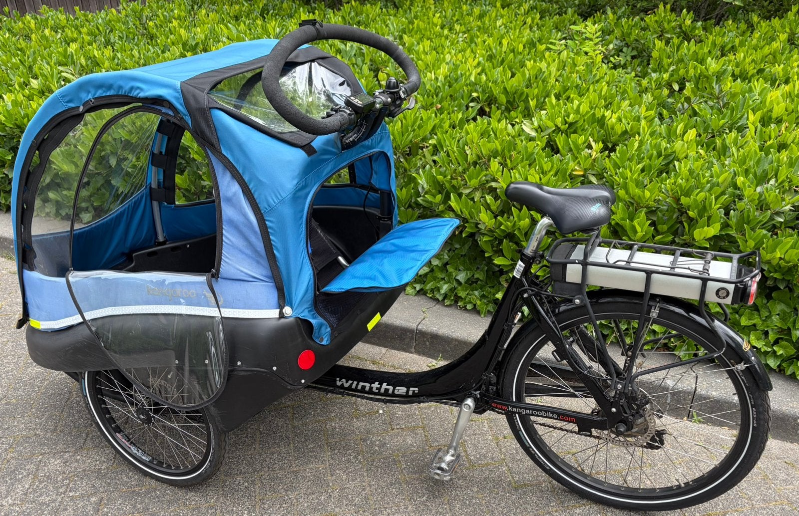 Winther Kangaroo Luxe - Elektrische bakfiets, Fietsen en Brommers, Fietsen | Bakfietsen, 4 kinderen of meer, Gebruikt, Huif, Schijfrem