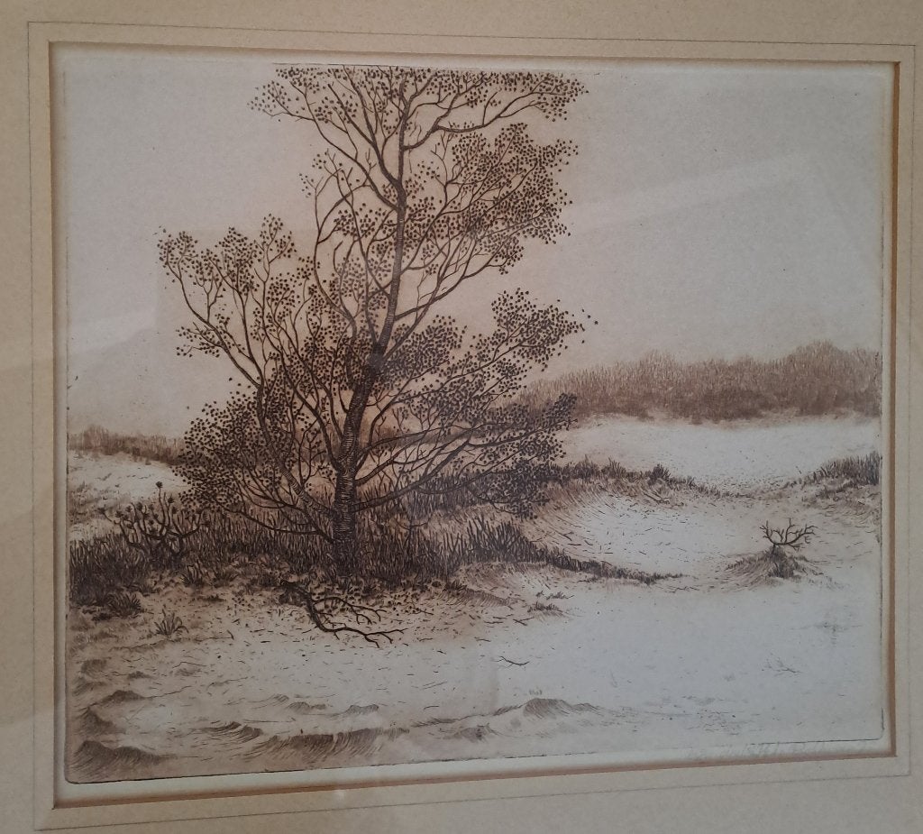 ets door Piet van Bokhoven - duinlandschap, Antiek en Kunst, Ingelijst, Ophalen of Verzenden, 24 cm, Landschap