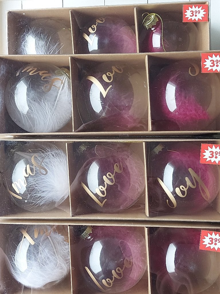 Glazen Kerstballen met veer/opdruk Xmas-Love-Joy/p st 2 Euro, Diversen, Ophalen, Nieuw
