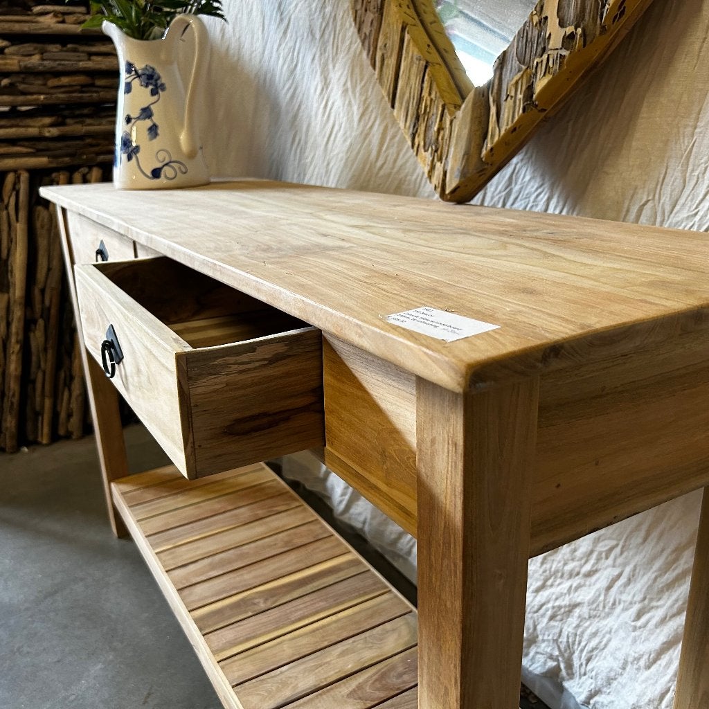 sidetable teak - 2 lades - 140 x 40 cm - Gratis bezorgd, TTM Wonen, Meubels – (Perzische) Tapijten en Woonaccessoires, 100 tot 150 cm