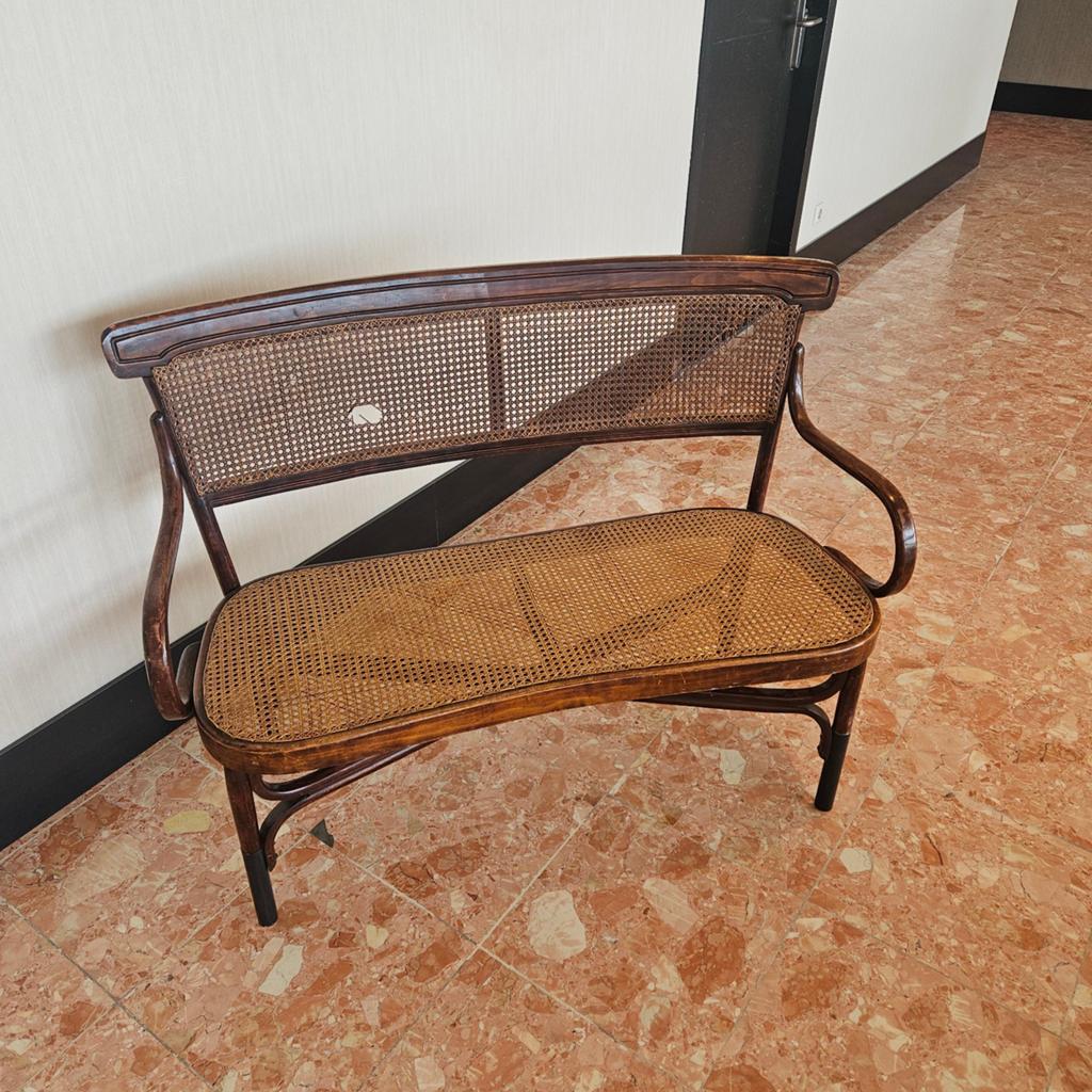 Vintage Thonet stijl bankje met rotan zitting en rugleuning, Ophalen