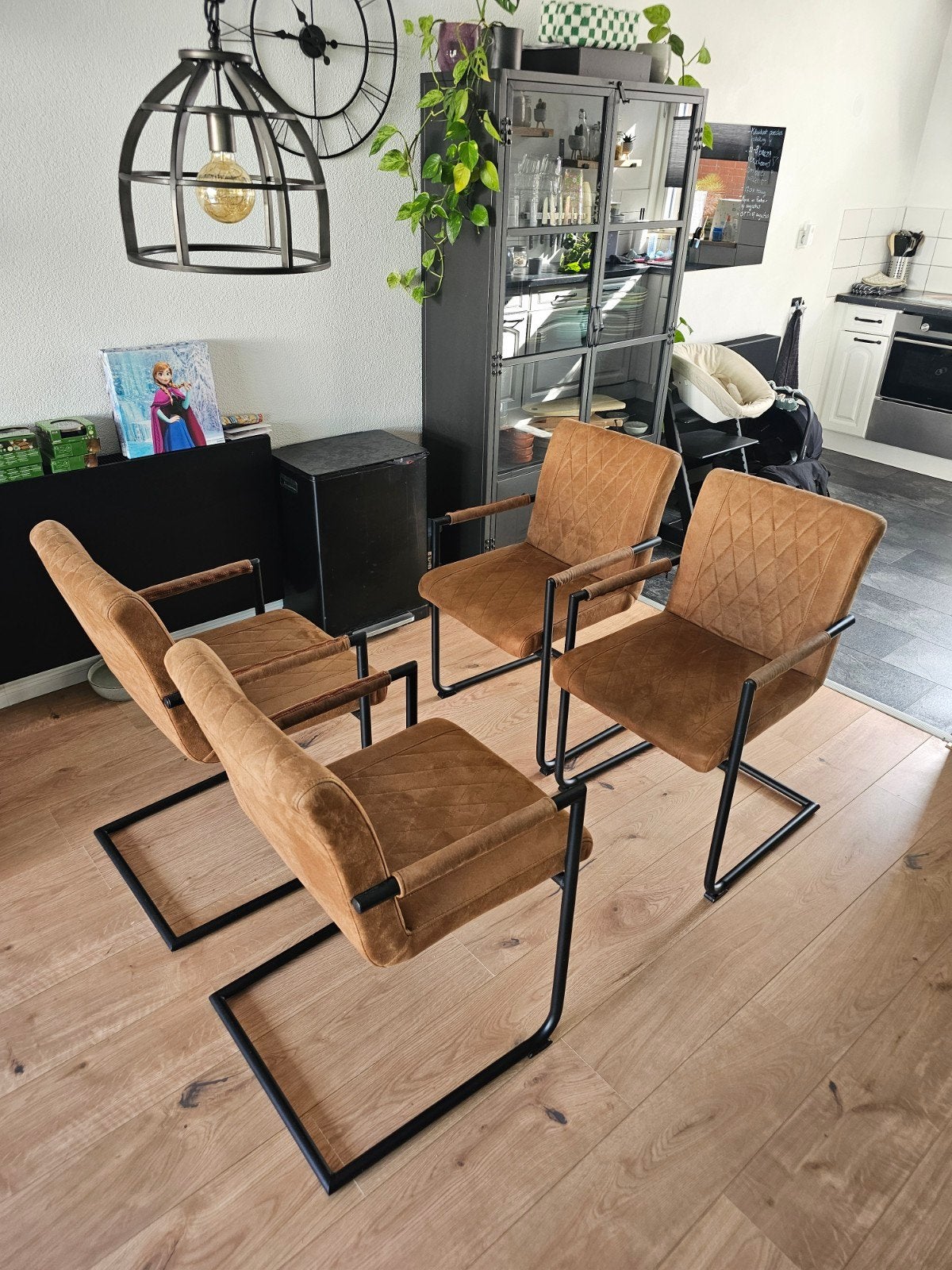 4 Industriële eetkamerstoelen Dean microvezel cognac, Huis en Inrichting, Ophalen, Bruin, Zo goed als nieuw, Industrieel