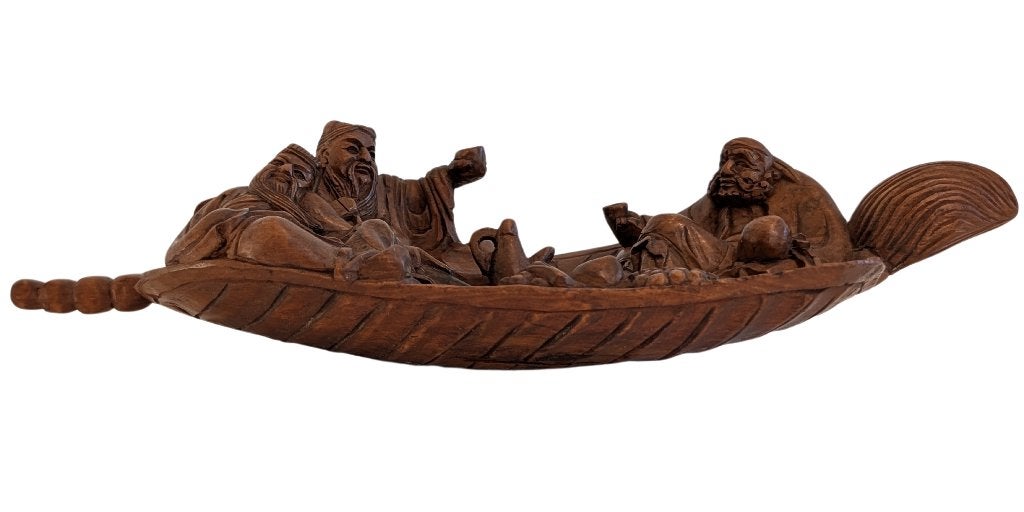 Chinees houtsnijwerk – onsterfelijken in een boot – 036, Gebruikt, 7 cm, Ophalen of Verzenden, Hout