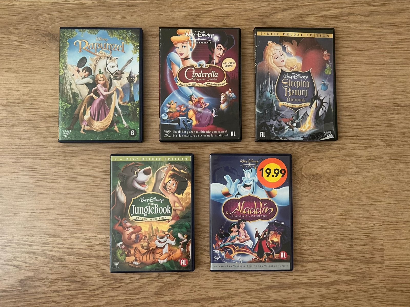 Disney DVD's: Rapunzel, Assepoester, Jungle Boek, Aladdin, Gebruikt, Animatie, Alle leeftijden, Nederlands