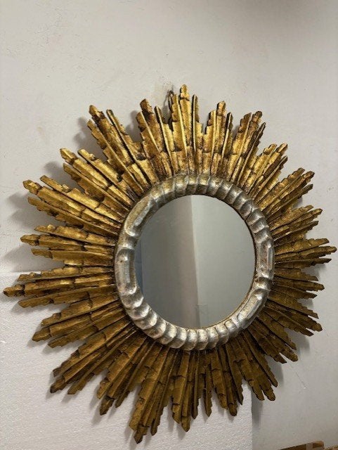 Houten Zonnespiegel.......Spanje jaren '60, Antiek en Kunst, Antiek | Spiegels, Ophalen, Rond, 50 tot 100 cm