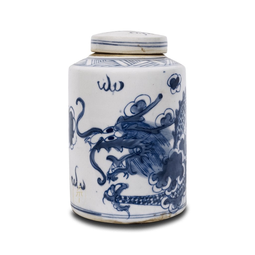Kleine Chinese gemberpot met draak - Blauw en wit, Antiek en Kunst, Curiosa en Brocante, Ophalen of Verzenden