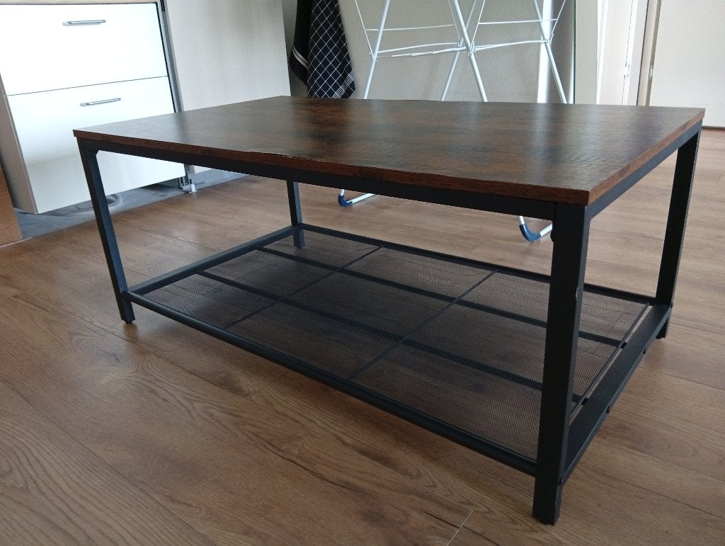 salontafel rechthoekig metalen onderstel donkerbruin fineer, Gebruikt, 100 tot 150 cm, 50 tot 100 cm, Ophalen