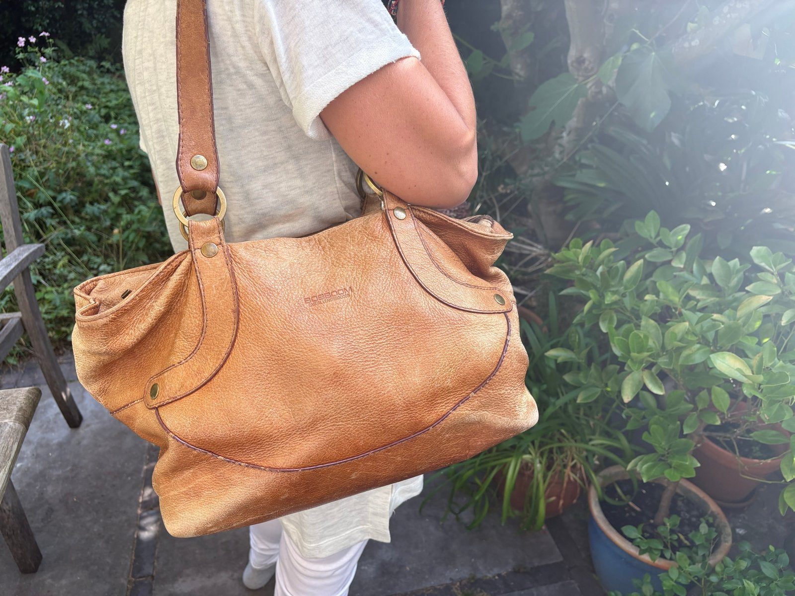 Vintage Bosboom Cognac Lederen Schoudertas, Ophalen of Verzenden, Gebruikt, Bruin, Handtas