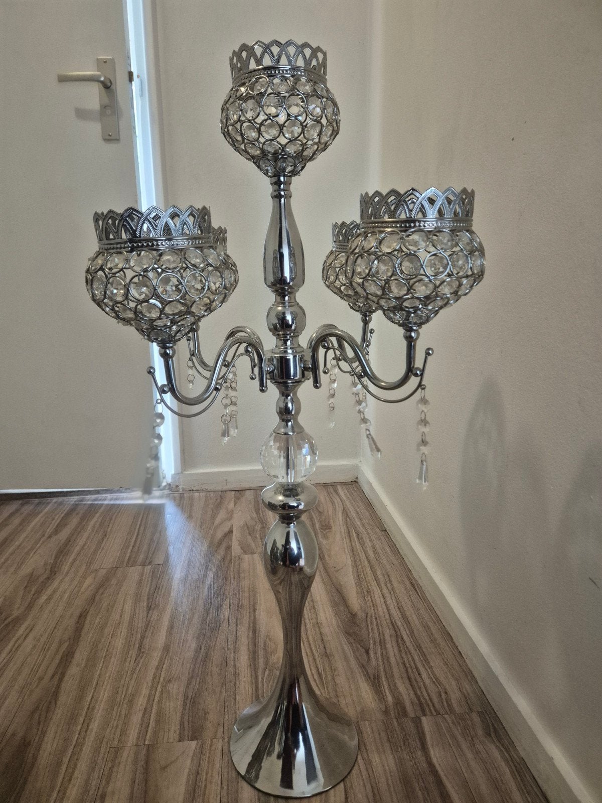 Prachtige zuil kandelaar en 2 kleinere bling kandelaars, Gebruikt, Overige merken, Ophalen of Verzenden, Metaal
