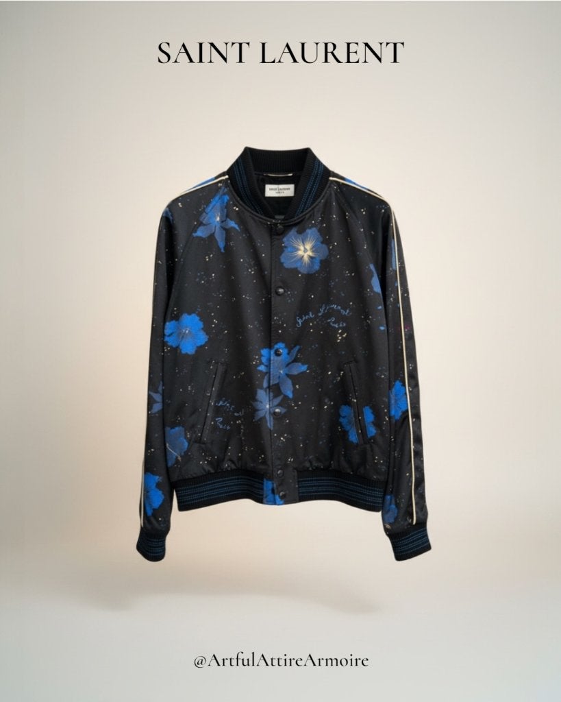 Saint Laurent Men Hibiscus Print Raglan Bomber, Zwart, Zo goed als nieuw, Saint Laurent, Verzenden