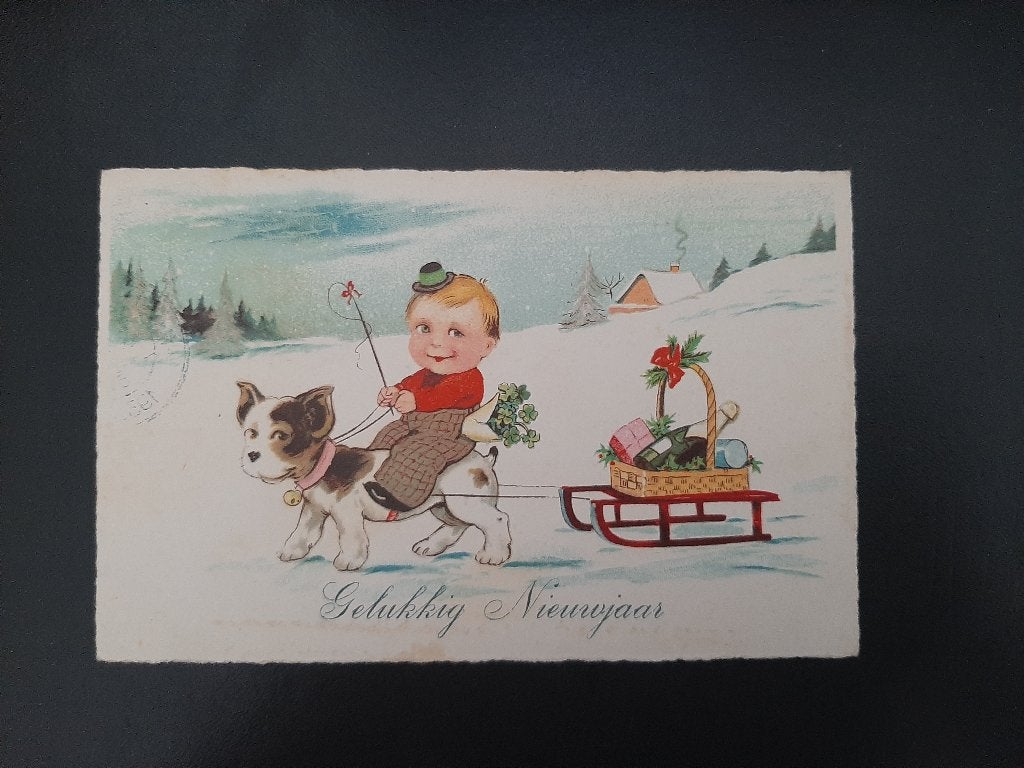 Hond met slee en kind in de sneeuw, gelopen, 1933., Verzamelen, Verzenden, 1920 tot 1940, Gelopen, Kinderen