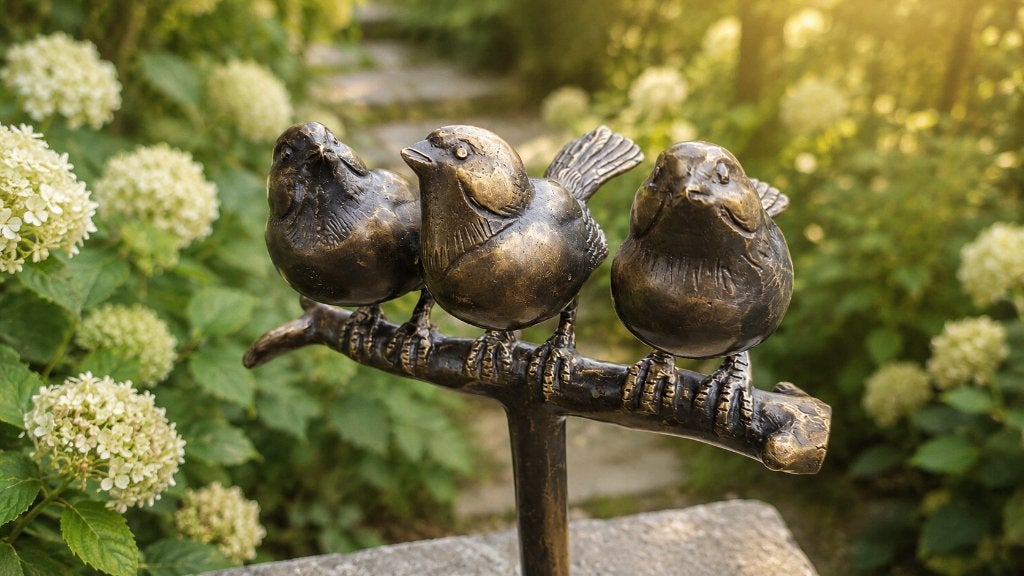 3 VOGELS OP TAK / mussen/ TUINSTEKER / BRONS, Nieuw, Info@huisentuindecoratiemarie.nl, Huis en tuin decoratie marie, Peize