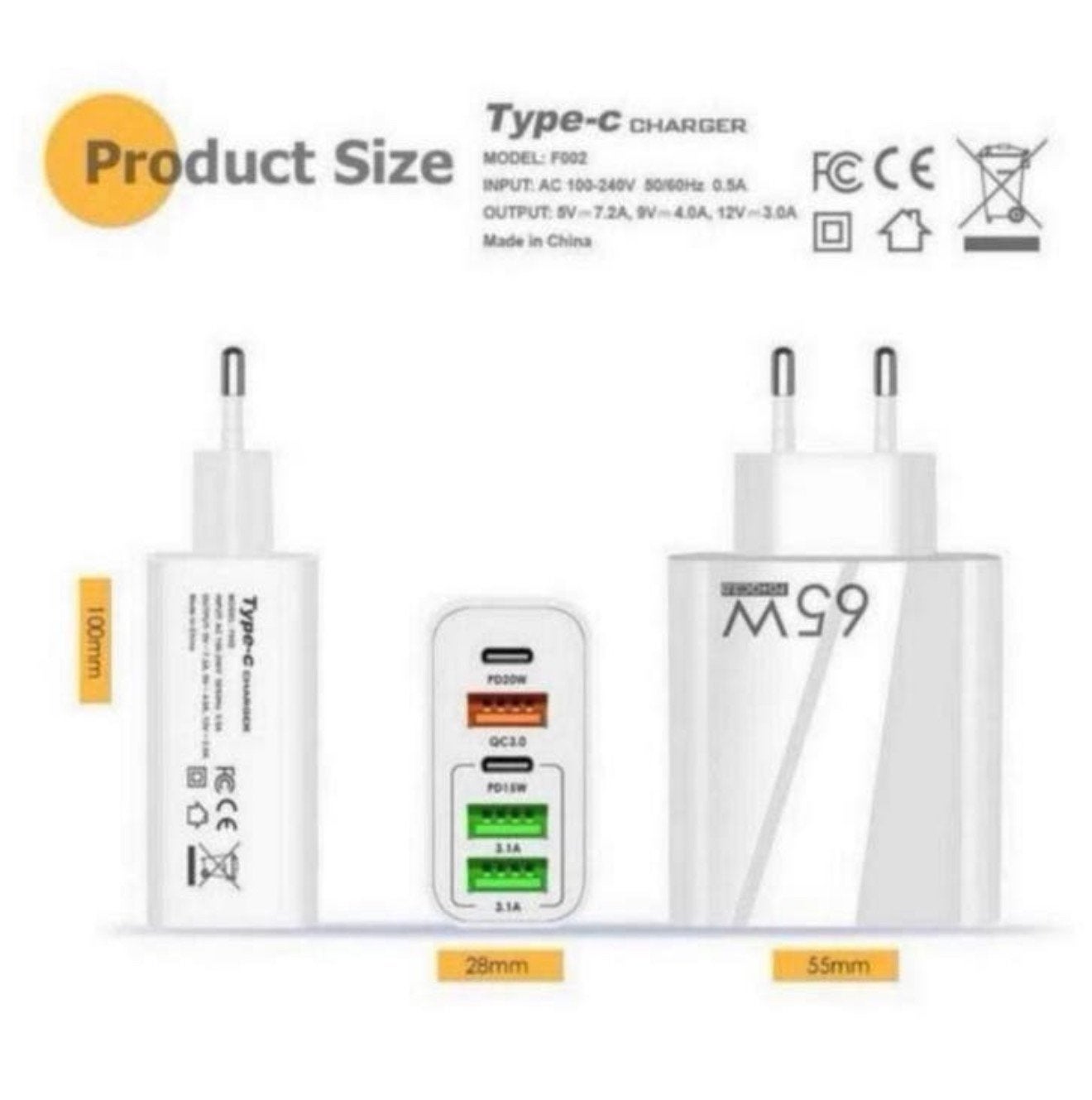 F002 65W 5-Port PD Oplader 3 USB-A+2 USB-C lader blok blokje, Nieuw, Ophalen of Verzenden, H, H