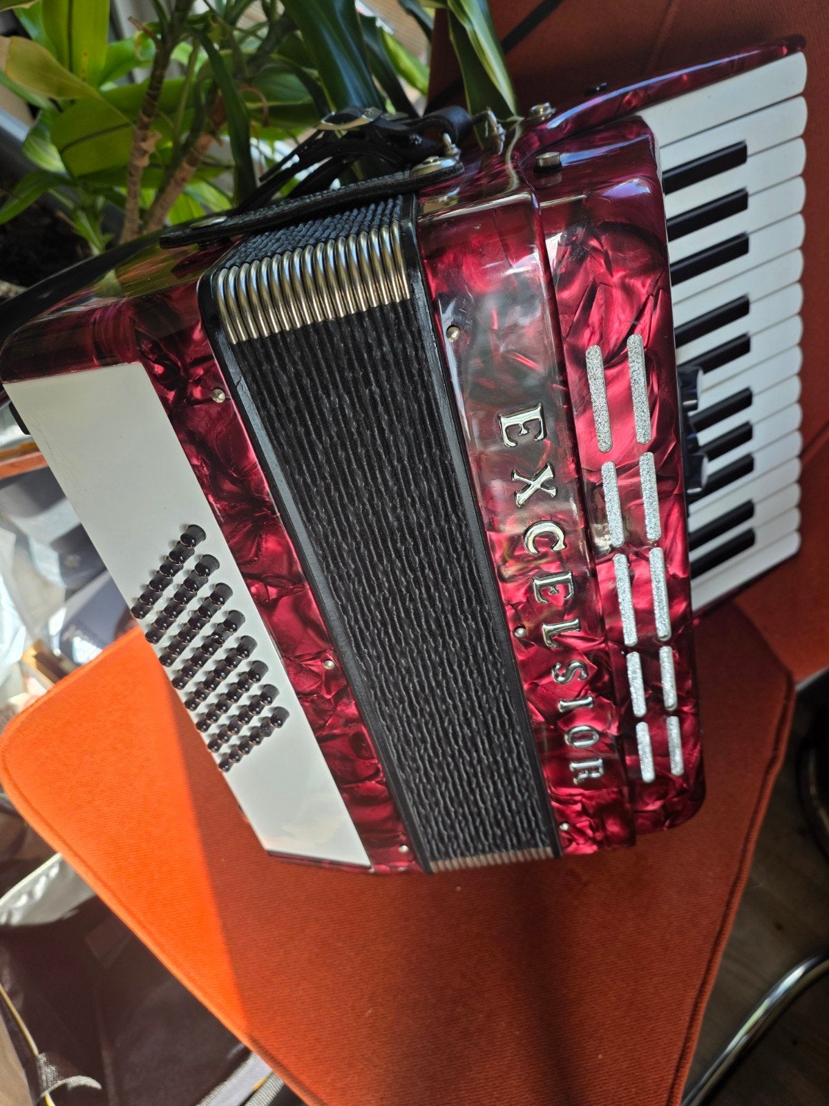 Mooie lichte accordeon 48 bas kleur rood gemeleerd, Muziek en Instrumenten, Ophalen of Verzenden, 48-bas, Overige merken, Met koffer