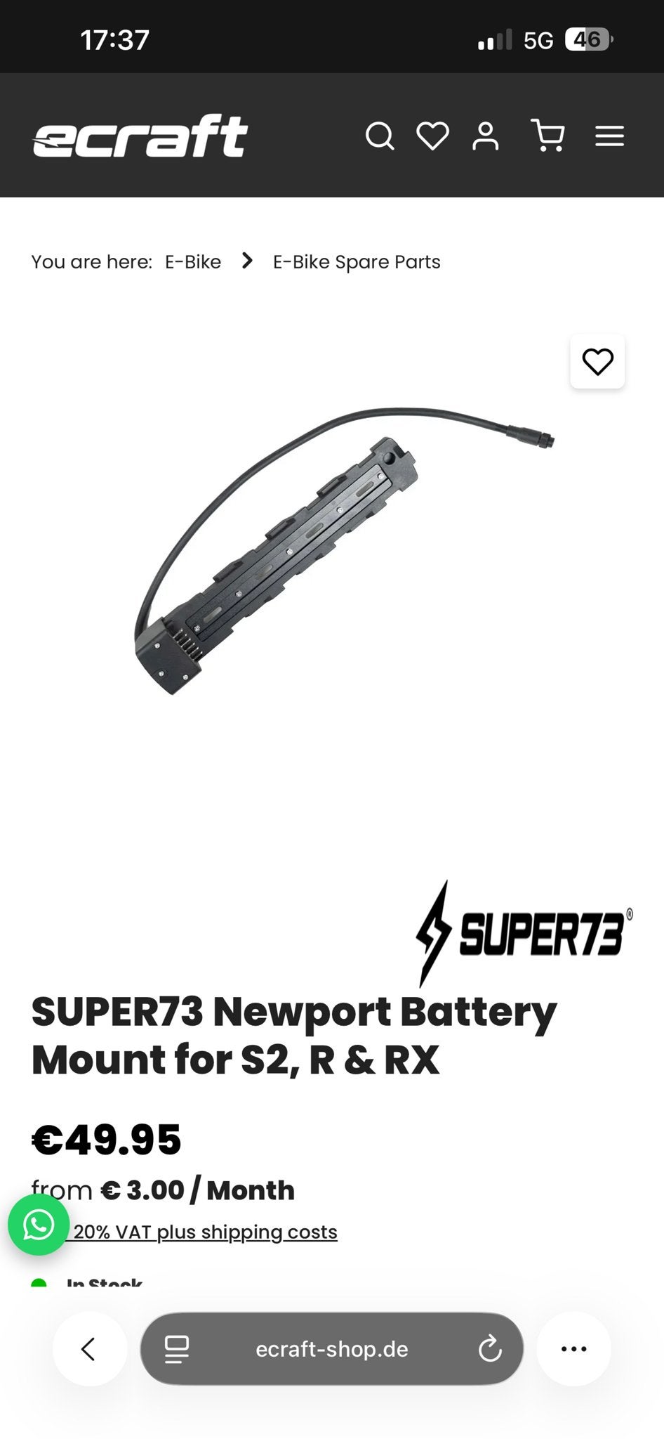SUPER73 batterymount voor S2, R & RX, 59 cm of meer, Verzenden, Nieuw, Overige merken