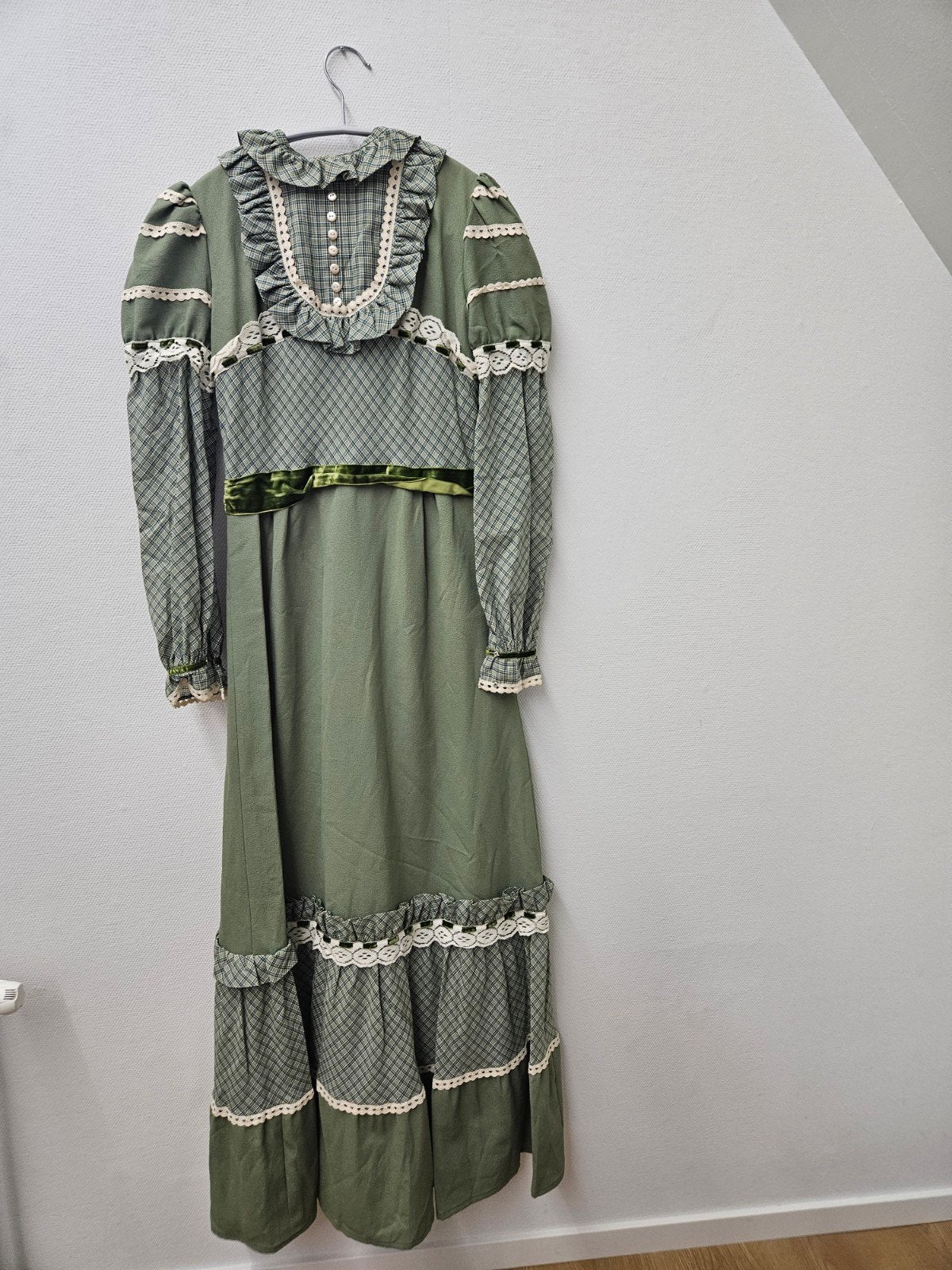 Vintage Groene Maxi Jurk met handschoentjes en buidel, Pagels-Modelle, Ophalen of Verzenden, Zo goed als nieuw
