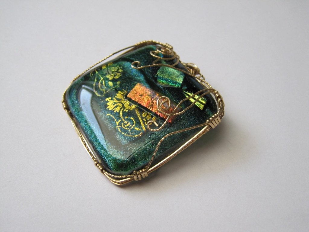 Broche dichroic fused glas, Verzenden, Zo goed als nieuw, Goud, Overige materialen