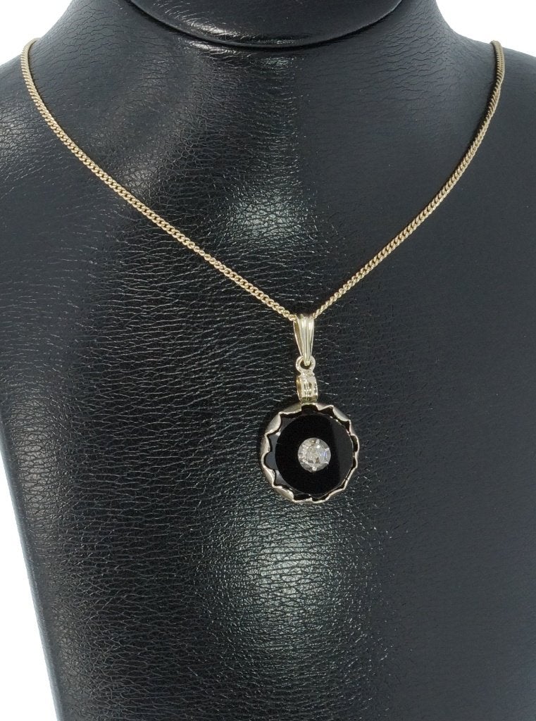 Diamant onyx antieke 14k gouden ketting hanger fraai, Ophalen of Verzenden, Goud, Hanger, Met edelsteen