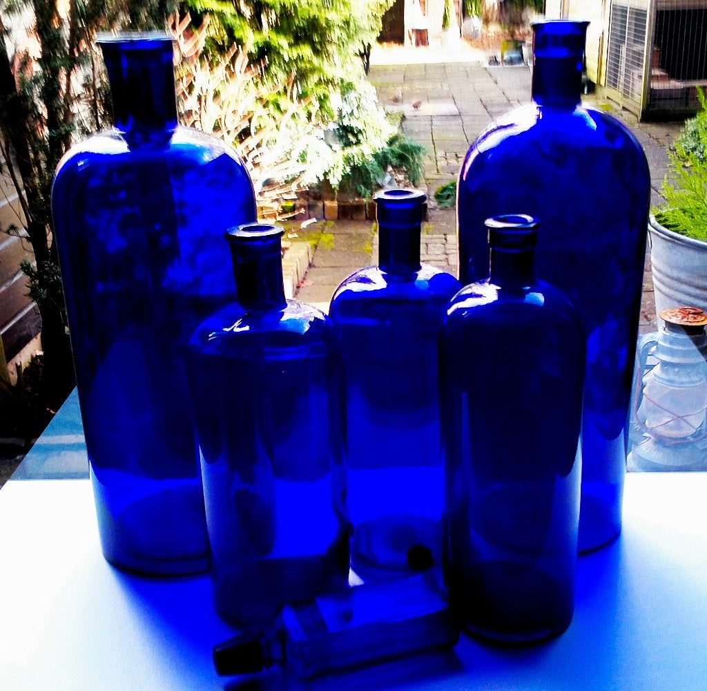 6 Antiek kobalt blauw Glazen Apothekers Medicijn Flessen, Ophalen of Verzenden