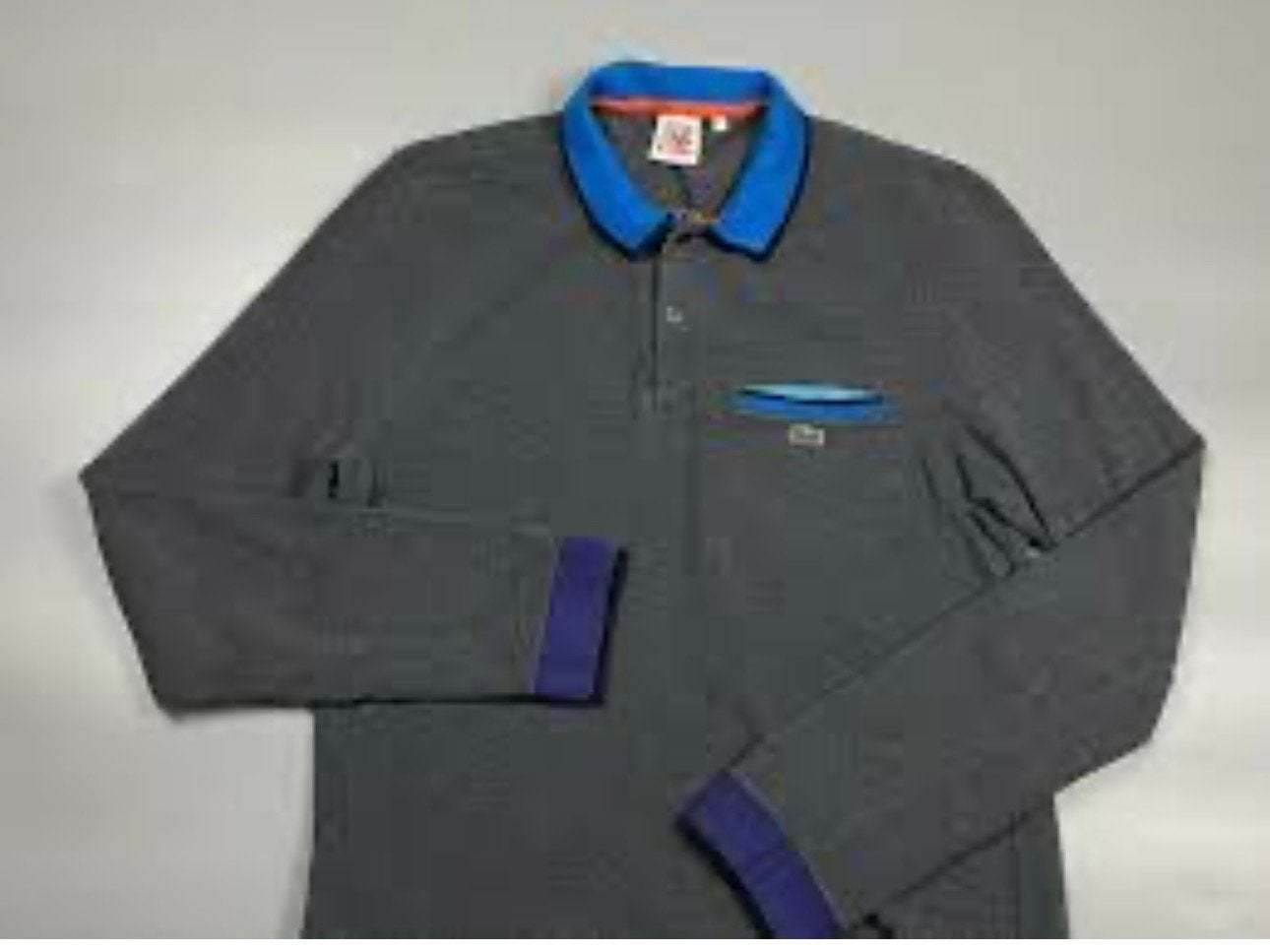 Lacoste heren polo lange mouwen - grijs met blauwe accenten, Ophalen of Verzenden, Zo goed als nieuw, Overige maten, Grijs
