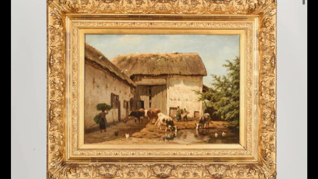 W.C. Nakken - Boerenerf 62x42 cm  met vee en figuren,, Antiek en Kunst, Ophalen of Verzenden