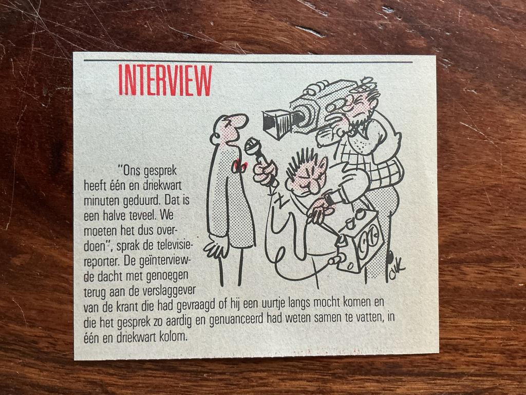 Karikatuur Dik Bruynesteyn Interview 1986 krantenartikel, Ophalen of Verzenden, Knipsel(s)