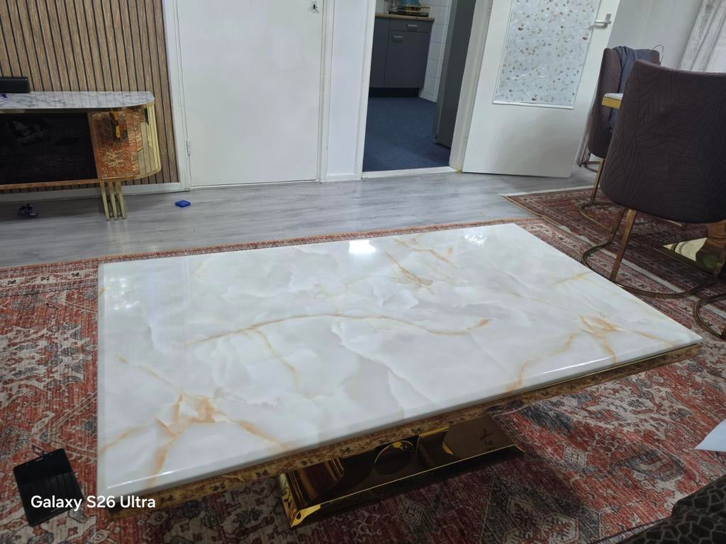 Luxe Marmeren Salontafel - Goud & Wit (130x70 cm), Ophalen, 100 tot 150 cm, Modern, Luxe, Glamour, Overige materialen
