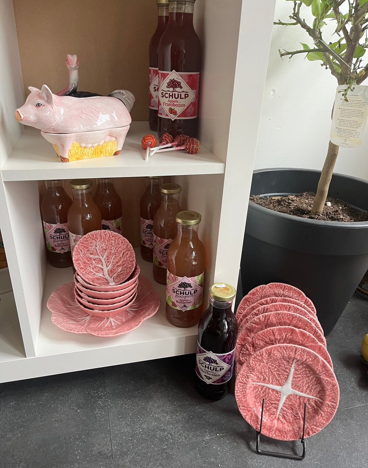 Set van 6 antieke roze koolblad bordjes Bordalo Pinheiro, Verzenden, Zo goed als nieuw