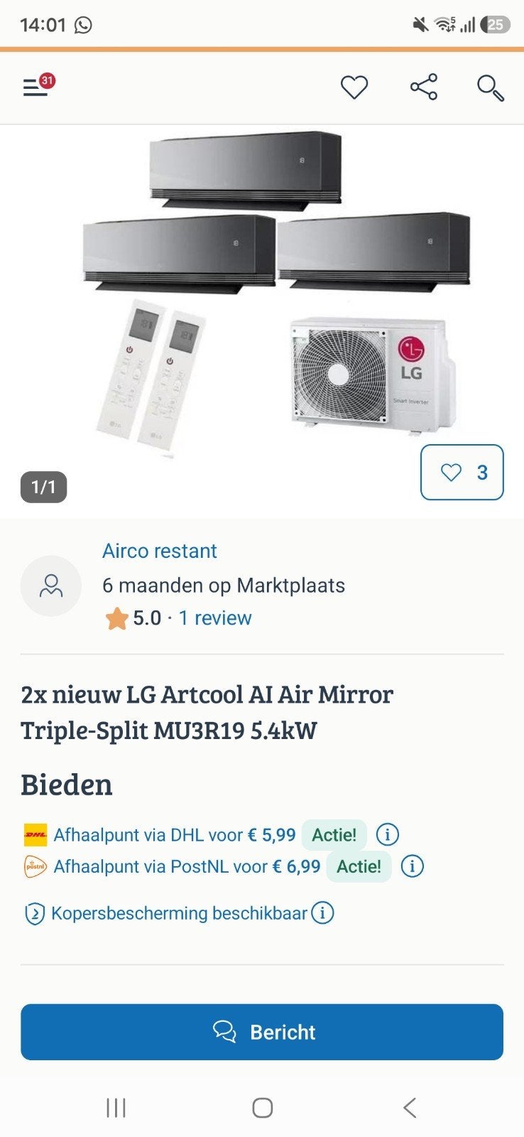 2x nieuwe LG Artcool AI Air Mirror Triple-Split MU3R19 5.4kW, Ophalen of Verzenden, Nieuw, Wandairco, 3 snelheden of meer