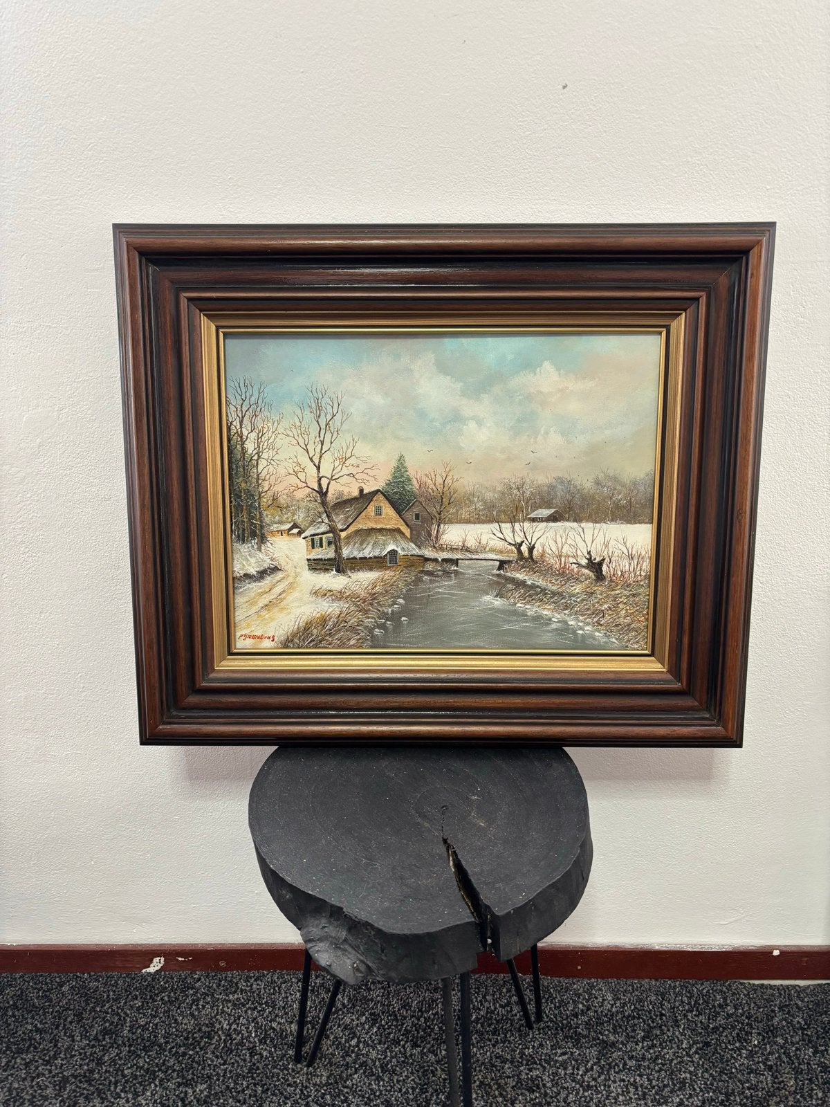 Schilderij Winterlandschap met boerderij en beek, Ophalen of Verzenden