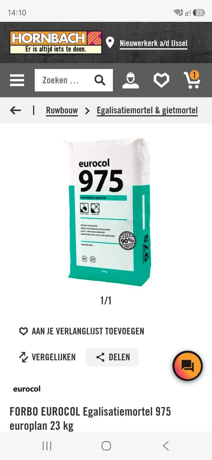 EUROCOL 975 Egalisatiemortel Europlan Special 10 kg, Ophalen of Verzenden, Zo goed als nieuw