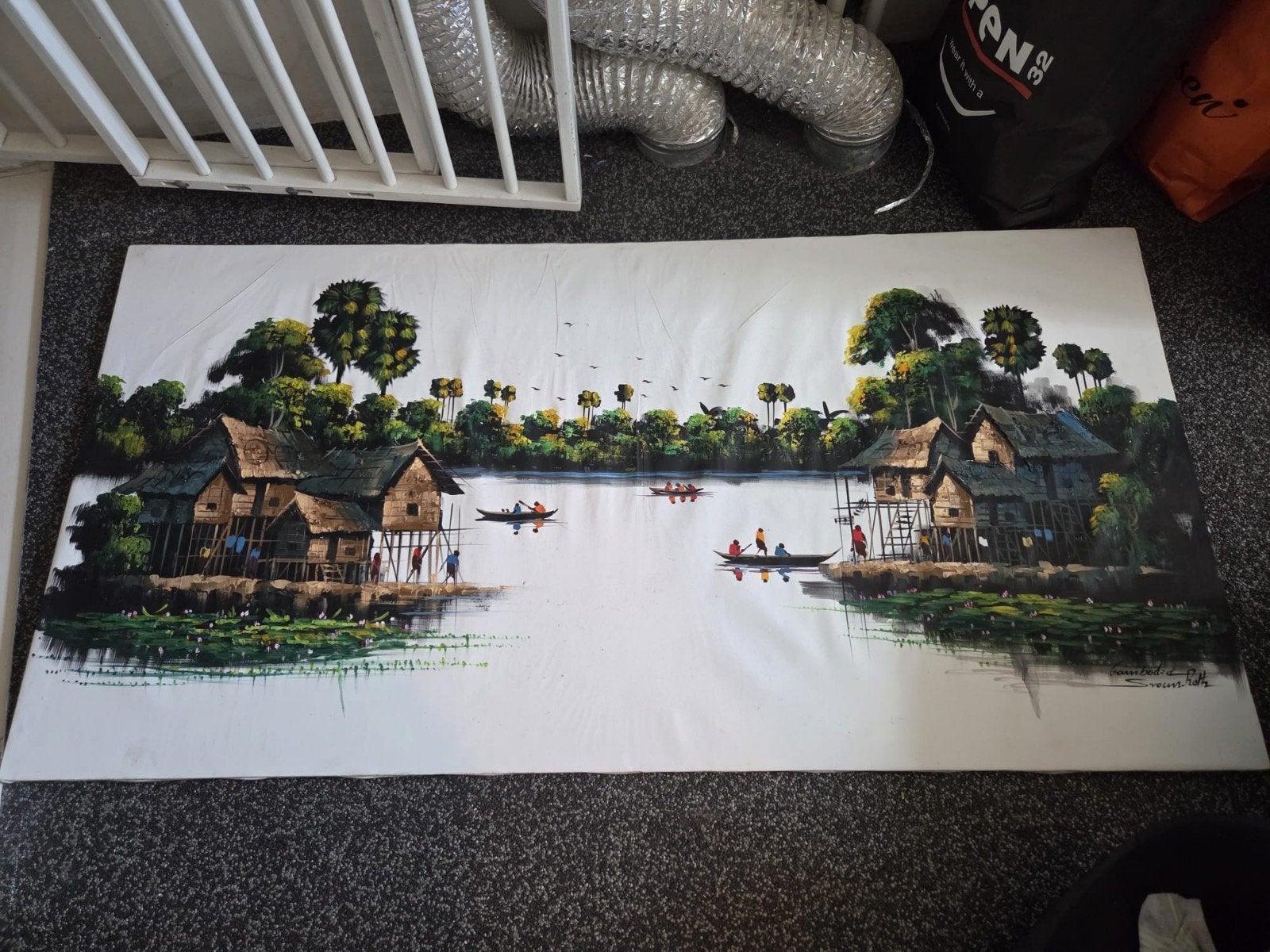 Schilderij Cambodjaans landschap op doek, Antiek en Kunst, Ophalen, Textiel, Handgeschilderd, Landschap