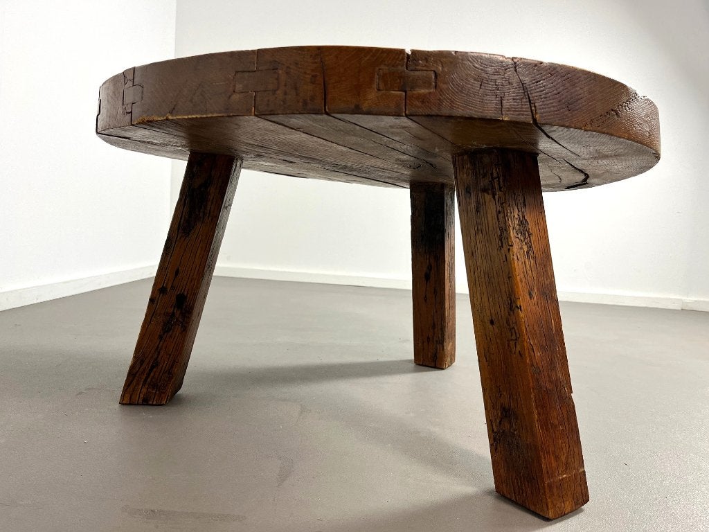 Spaanse brutalisme antieke eiken ronde salontafel,jaren 30, Ophalen