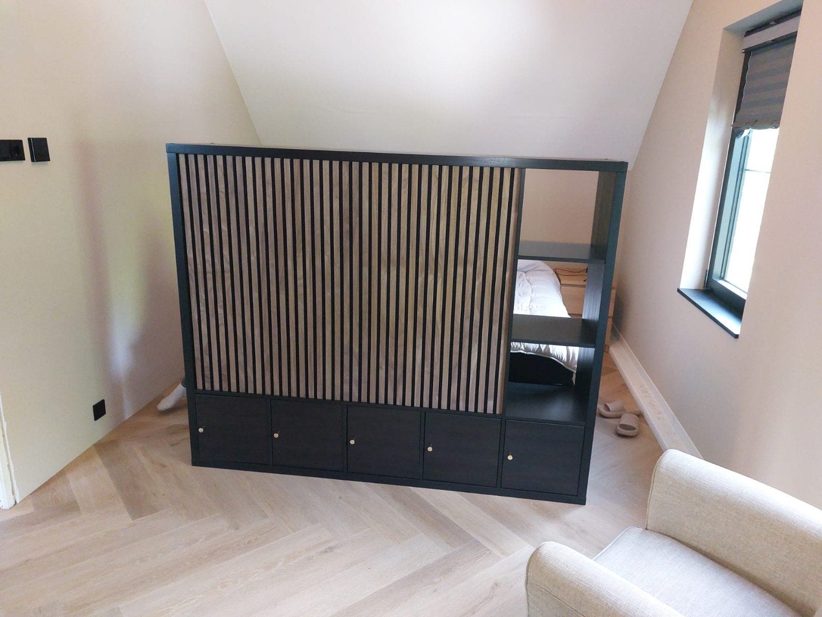 IKEA Kallax Roomdivider met TV-opening en lattenpaneel, Ophalen, Gebruikt, Modern, Scandinavisch, 100 tot 150 cm