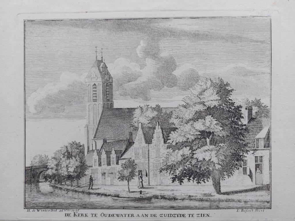 10 / De kerk te Oudewater    Kopergravure uit 1746, Antiek en Kunst, Ophalen of Verzenden
