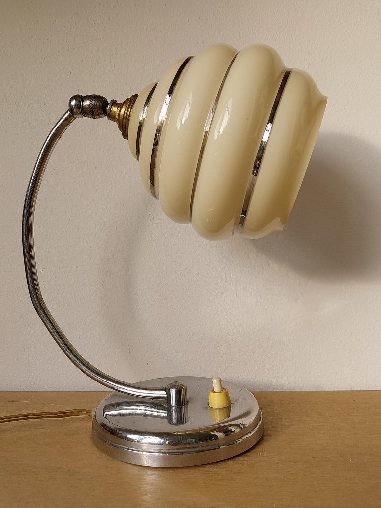 Art Deco tafellamp chroom opaline glas jaren 30, Ophalen of Verzenden