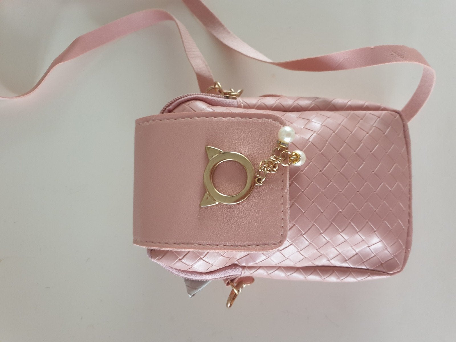 Roze telefoontasje met kattenoortjes en parels, Ophalen of Verzenden, Zo goed als nieuw, Roze, Schoudertasje