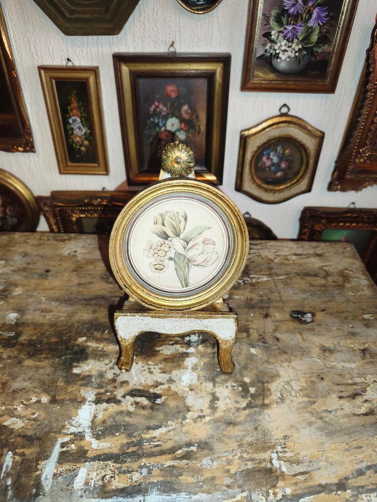 Oud lijstje schilderijtje met oude prent bloemen K67, Ophalen of Verzenden