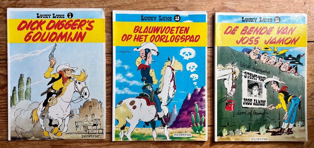 Drie oude edities (jaren zestig) van Lucky Luke te koop, Boeken, Ophalen of Verzenden, Zo goed als nieuw, Morris & Goscinny, Meerdere stripboeken