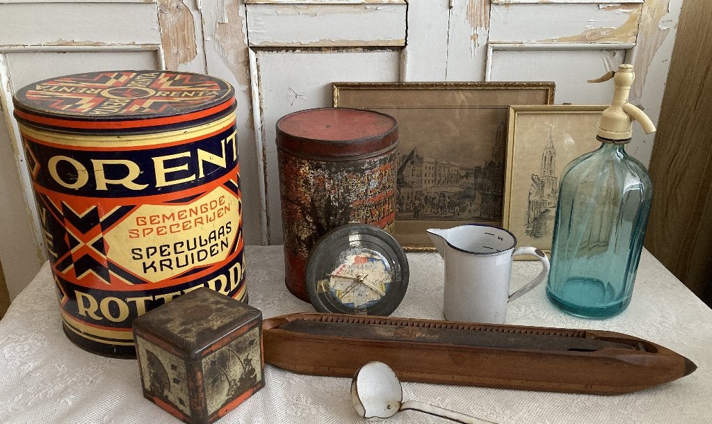 Brocante klokje - emaille - prenten - spoel - tekeningen, Antiek en Kunst, Curiosa en Brocante, Ophalen of Verzenden